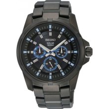 SEIKO Men's Solar Black Ion Blue Accent Date Dial Watch (Black)