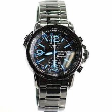 Seiko Mens Solar Chronograph Stainless Watch - Black Bracelet - Black Dial - SSC079