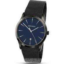 Sekonda Gent's Slim Mesh Bracelet Watch - Dark Blue Dial With Date Window - 3389