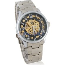 SINOBI 209 Hollow-carved Roman Numbers Display Watch Dial Luminous Hand Round Steel Men's Mechanical Wristwatch (Black)