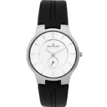 Skagen Men Black Leather Strap Watch Case Quartz Movement Mineral Crystal