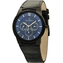 Skagen Men's 856XLBLN Black Leather Quartz Watch with Blue Dial