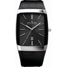 Skagen Men's Designer 984LSLB Black Leather Swiss Quartz Watch with Black Dial