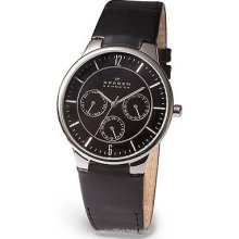 Skagen Mens Leather Calendar Watch - Black Dial - Black Leather Strap 331XLSLB