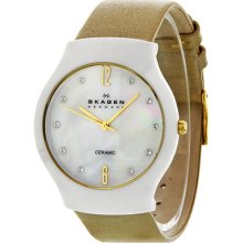 Skagen Mother Of Pearl Dial Ceramic Beige Leather Ladies Watch 817swltc