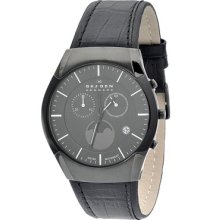 Skagen Watches Men's Moonphase Chronograph Black Dial Black Leather Bl