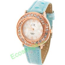 Skyblue Faux Leather Lady Simulated Crystal Wristwatch