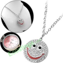 Smile Face Design Rhinestone Girls' Necklace Watch Dial