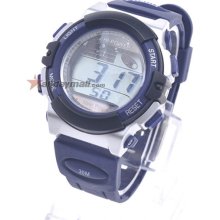 Solar Powered Waterproof EL Digital Stopwatch Sport Wristwatch - Blue