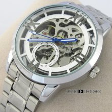 Special Design Blue Hand Skeleton Automatic Mechanical Stainless Steel Watch