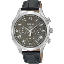 Stainless Steel Case Chronograph Gray Dial Black Leather Strap Date Di