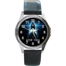 STAR TREK STARFLEET COMMAND Insignia 2013 Unisex Metal Leather Band Wristwatch - Silver Tone