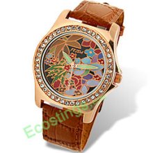 Stylish Khaki Leather Band Rhinestone Bloom Colorful Dial Woman's Wrist Watch