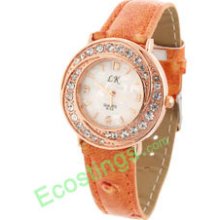 Stylish Lady Orange Leather Strap + Simulated Crystal Wristwatch