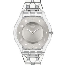 Swatch Elegant Thin Women's Watch Gray Large Dial White Strap Very Beautiful