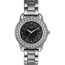 Timex Ladies Black Flowers Pattern Dial Crystal Encrusted Bezel Watch T2n133