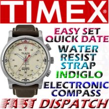 Timex Mens Iq Adventure Series Compass Leather Strap Watch T2n725