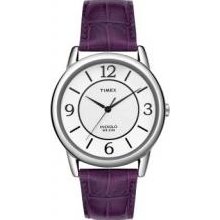 Timex Women's T2N690 Elevated White Dial Purple Leather Strap Watch