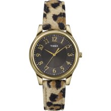 Timex Women's T2P090 Leopard Patterned Leather Strap Watch (Black/Gold)