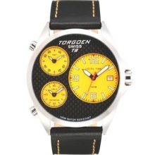 Torgoen T8 Zulu Time Watch - Black Leather Strap, Steel Case, Yellow Dials