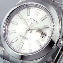 Unworn Mens 41 Mm Rolex Steel Datejust Ll Silver Stick Dial Model 116300