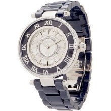 Vicence Sterling Round Roman Numeral Dial Ceramic Link Watch - Navy - Average