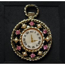 Vintage Pendant Pink Rhinestone and Pearl Faux Pocket Watch Pendant