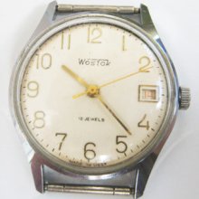 Vintage Soviet Vostok Watch 1960s White Face Calendar