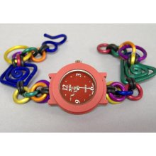 Watch Red Round Faced Handcrafted Aluminum Wristband Colorful