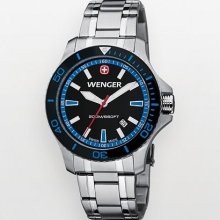 Wenger Men's Sea Force Black Dial Blue Accent St. Steel Band Diver Watch - 0641.106 (Blue)