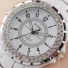 White Alloy Style Elegant Mens Quartz Watches Crystal Bezel Classic Hour Gift
