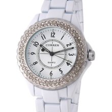 White Curren 8078 Women's Round Dial Analog Watch With Crystal Decoration