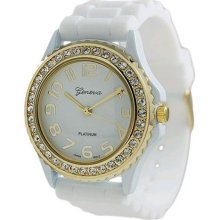 White Gold Silicone Gel Band Crystal Bezel Women's Watch