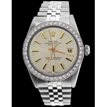 White stick dial rolex gents watch date just jubilee SS bracelet diamond bezel