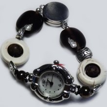 White turquoise watch with black glass beads and magnet closure