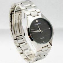 Wilon Black Elegant Horizontal Stripe Dial Stainless Steel Mens Women Watch