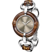 Women's Bamboo Bezel Stainless Steel Case and Bracelet Brown Dial