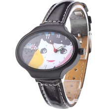 Women's Cartoon Girl PU Analog Quartz Wrist Watch (Black)