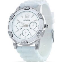 Women's Geneva White W/ Silver Chronograph Silicone Rubber Jelly With Cz Crystal