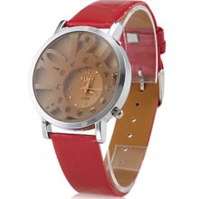 Women's Hollow Numbers Style PU Analog Quartz Wrist Watch (Red)