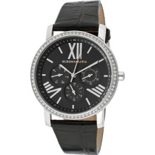 Women's Soleil White Crystal Black Dial Black Genuine Leather ...