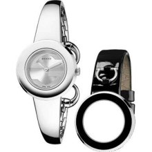 Women's Stainless Steel Bangle Style Band Interchangeable Black Leathe