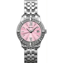 Women's Stainless Steel Quartz Pink Dial Roman Numerals Swarovski Crystals on Be