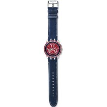 YRS418 Swatch Mens Mental Fame Red Dial With Blue Leather Strap Watch