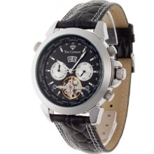 Yves Camani Men's Automatic Watch Worldtimer Stahl Schwarz Yc1029-A With Leather Strap