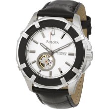 $499 New BULOVA Mens Automatic Round Watch Black Leather Band Stainless Steel - Black - Stainless Steel