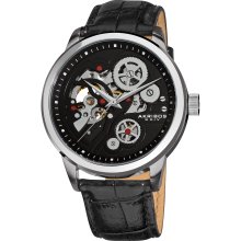 Akribos XXIV Men's Mechanical Skeleton Leather Strap Watch (Black)