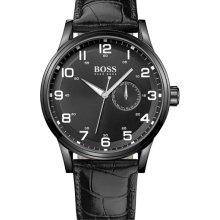 BOSS Black 'Aviator' Round Leather Strap Watch Black