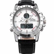 Cavennoni Lcd Digital Day White Dial Black Leather Mens Sport Watch Usts