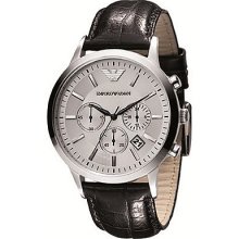 Chronograph Stainless Steel Case And Leather Bracelet Silver Tone Dial